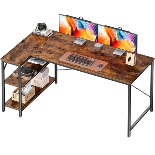 Huuger L Shaped Desk, 55 Inches Computer Desk with Reversible Storage Shelves, for Gaming Corner Home Office Writing Study, Metal Frame, Rustic Brown