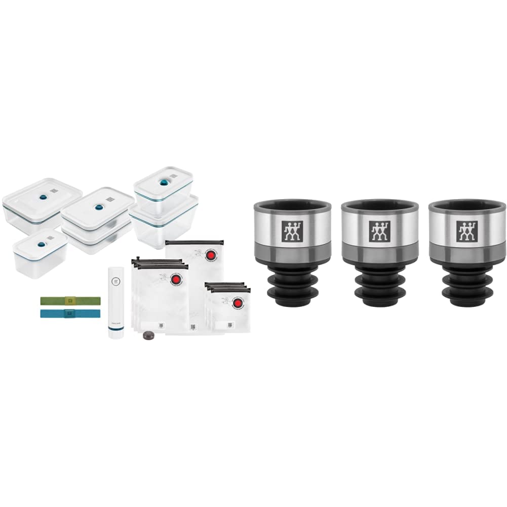 ZWILLING Fresh & Save Vakuum Starterset, Glas, 16-tlg., La Mer Weiß & Fresh & Save Vakuum Weinverschluss Set, 3-tlg, grau
