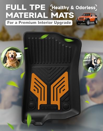 Image of Premium Color TPE Floor Mats for Jeep Wrangler JL 2018-2026 4 Door Gas /MHEV Type (Not Fit for JK or PHEV) | Desert Amber Wing Design | All-Weather Car Floor Liners Full Set 1st & 2nd Row Mats