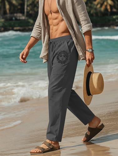 Image of Puimentiua Cotton Linen Pants Men, Summer Beach Pants Loose Fit with Elastic Waist Drawstring