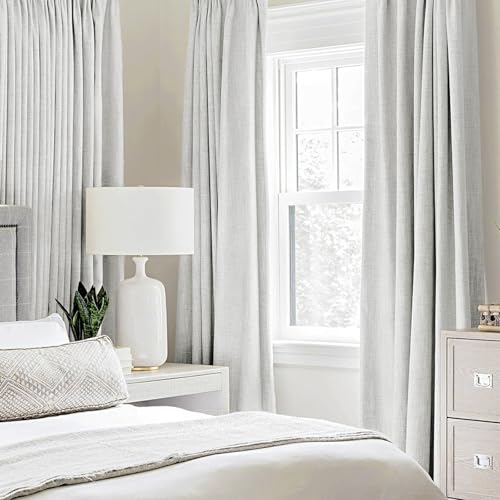 Image of MIULEE Linen Textured Curtains for Bedroom Solid 100% Blackout Thermal Insulated Heathered White Grommet Room Darkening Curtains & Drapes Luxury Decor for Living Room 52 x 63 Inch (2 Panels)
