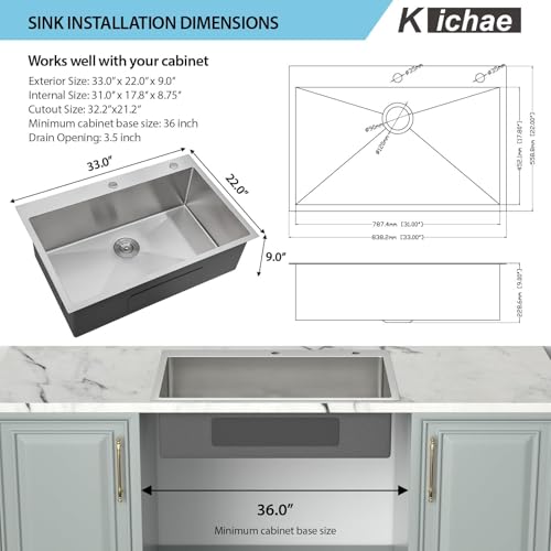Image of Kichae 33 Drop In Kitchen Sink - 33x22 Kitchen Sink Drop in Topmount Single Bowl 16-Gauge Stainless Steel Drop Sinks Round Corner Basin With Rack & Stainless Steel Sink Grid