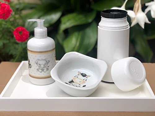 Kit higiene bebê Safari 6 peças - Bandeja, potes, porta álcool e molhadeira - Peças Porcelana Bandej