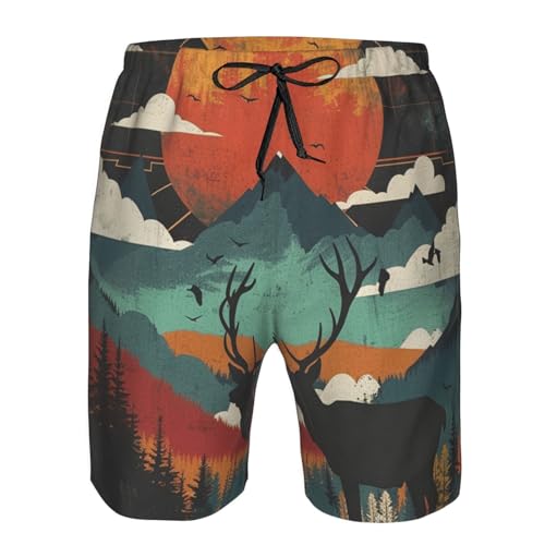 Men's Quick Dry Swim Shorts Deer Mountains Sunset Landscape Modern Art Geometric Beach Trunks with Pockets3