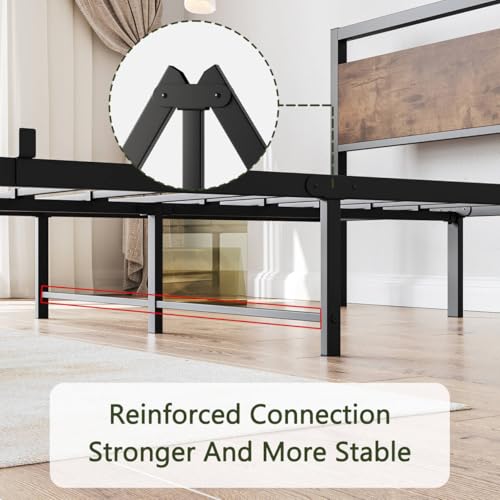 Image of BOFENG Black Queen Size Bed Frames with Wood Headboard,Heavy Duty Platform Bed Frame with Storage No Box Spring Needed,Mattress Foundation,Strong Steel Slats,Noise Free,Brown