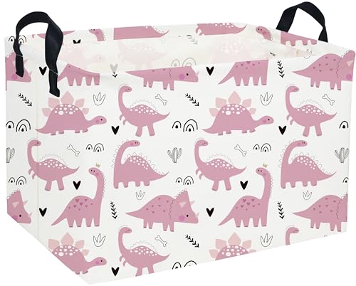Image of Essme Rectangular Pink Dinosaur Basket, Organizer with Handles for Girls Room Decor