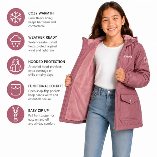 Image of DKNY Girls Midweight Jacket - Cozy Sherpa Fur Lined Water Resistant Hooded Anorak Windbreaker Zip Up Jacket for Girls