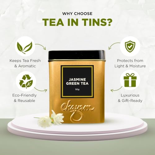 Image of Chayam Jasmine Green Tea | 50g Loose Leaf with Real Jasmine Flowers & Natural Aroma | Antioxidant-Rich Detox Green Tea for Stress Relief & Relaxation | Premium Wellness Tin