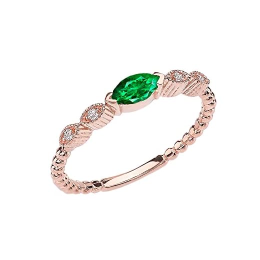 Anillo de compromiso/propuesta para mujer, perlas con diamante talla esmeralda y Marchesa en oro rosa de 9 quilates