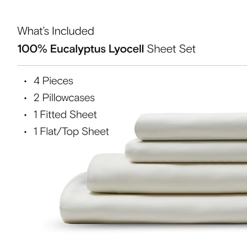 Sijo AiryWeight Tencel Sheet Set, 100% Lyocell Derived from Eucalyptus, Buttery Soft, Architectural Digest 2022 Best Cooling Sheets Winner - 4pc - 2 Pillowcases 1 Fitted 1 Top (Ivory, Queen)