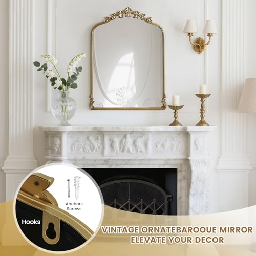 Image of WallBeyond Gold Antique Mirror for Vanity 24x32 Inch, Gold Vintage Mirror with Ornate Frame, Arched Vintage Wall for Bathroom, Living Room, Fireplace