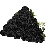 Hotop 20 Pcs Rose Artificial Flowers with Long Stem Realistic Silk Roses Bulk Real Touch Plastic Bouquet of Roses for Home Bridal Wedding Party Table Centerpieces Decorations (Black)