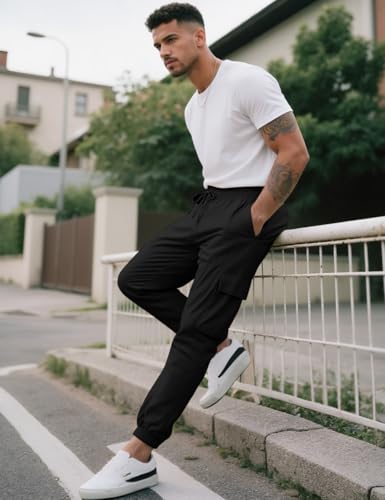 Men's Cargo Pants Casual Lightweight Elastic Waist Drawstring Pant with Pockets3