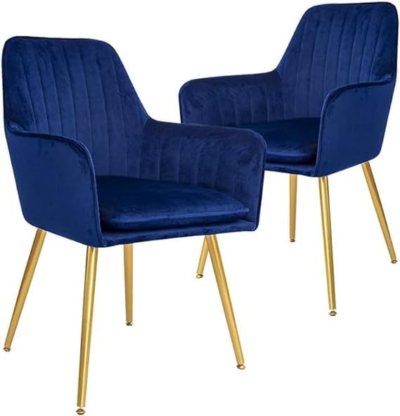 Velvet Upholstered Modern Accent Arm Chair for Living and Dining Room Mid-Century Club Guest Seat with Golden Legs Standard (Pack of 2) (Blue)-image-7