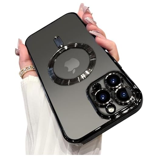 OOK Capa compatível com iPhone 13 Pro Max com protetor de lente de câmera (compatível com MagSafe) antiarranhões e à prova de choque fina galvanizada para iPhone 13 Pro Max para mulheres e homens - preta