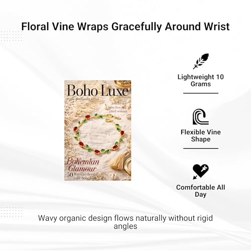 Image of VIEN Rose Vine Bracelet for Women | 14K Gold Plated Brass, Red Cubic Zirconia & Emerald Stones | Floral Link Design for Anniversaries, Birthdays & Festive Gifting | Fold Over Clasp, 20cm
