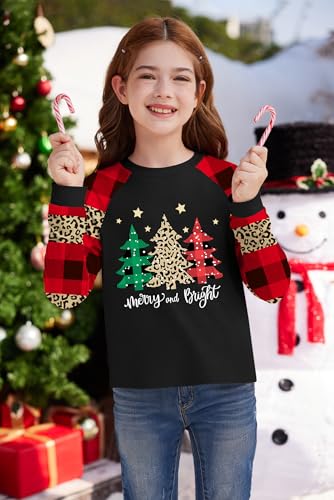 Image of BesserBay Girl's Christmas Buffalo Plaid Raglan Top Funny Holiday Graphic Shirt 4-14 Years