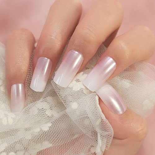 Ladgbp Press On Nails Shimmer Pearls Shade Medium Square Fake Nail Gradient Light Pink Full Cover French False Nails Pre-Design For Women Girls Manicure Forfestival Birthday 24 Pcs #TOP2