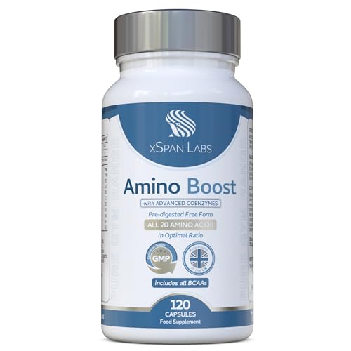 Amino Boost - Full Spectrum 20 Amino Acids Supplement 120 Vegan Capsules |Includes All BCAAs - Free Form pre-digested Amino Acids with Added Advanced Coenzyme Support. No Additives - UK Made