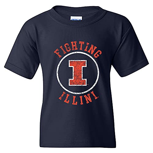 UGP Campus Apparel YS04 - Illinois Fighting Illini Distressed Circle Logo Youth T-Shirt - Medium - Navy