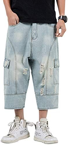 chouyatou Men's Loose-Fit Ripped Hole Harem Capri Jeans Baggy Denim Cargo Shorts (36, Light Blue)