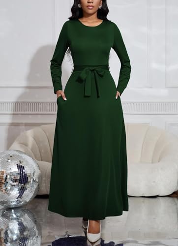 Image of BubFee Long Dress for Women Casual Long Sleeve Dresses Maxi Dress Empire Waist Loose with Belt
