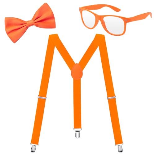 ONUPGO Neon Suspenders, Bow Tie, Sunglasses Accessory Set for Men Women, 80s Dress Up Costumes Clip on Suspenders
