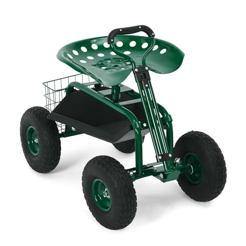 Rolling Garden Work Seat with Wheels, 400lbs Heavy Duty Garden Cart, 360° Swivel Adjustable Height Rolling Stool, Extendable Handle, Storage Basket & Tray for Gardening, Lawn Care, Adults & Seniors by PeakPursuit - Used condition - US$80.18