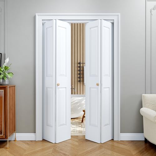 Bifold Door for 48 x 80 Opening 4-Panel Hollow Core Folding Doors with Hardware Kit Bifold Barn Doors Panels for Closet/Pantry/Laundry Pre-Assembled Easy to Install White Primed