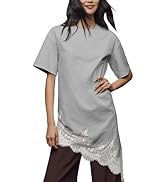 GTLIAE Womens Asymmetrical Lace Trim T-Shirt Summer Loose Fit Patchwork Crewneck Short Sleeve Top...