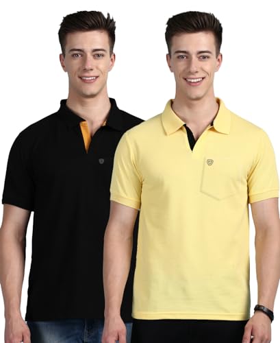 Image of Lux Cozi Men's Regular Fit Polo Neck Half Sleeve Solid Casual T-Shirt with Chest Pocket COZI 2122 BLK YLW 3XL 2PC