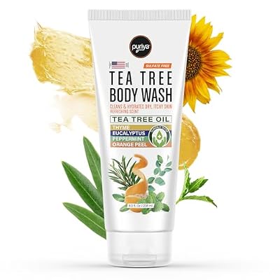 Puriya Tea Tree Body Wash, Use with Jock Itch, Athletes Foot, Body Back Acne Treatment, Moisturizing Natural Wash for Men, Women, Dry Skin, Eucalyptus, Mint Oil Shower Gel Soap