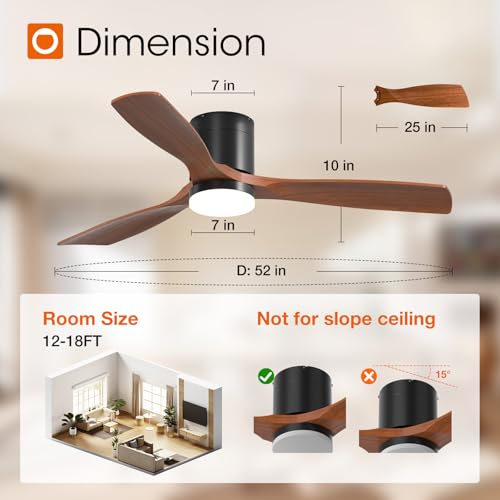 Image of addlon 52 Inch Flush Mount Ceiling Fans with Lights and Remote Control | Low Profile, solide wood, 3CCT dimmable light, quiet reversible DC motor, 6 speeds; bedrooms, living rooms, covered patios
