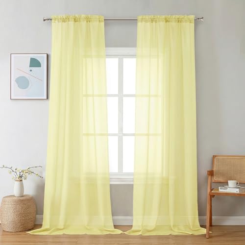 Image of Chyhomenyc Sheer Curtains 96 inches Long 2 Panels - Light Filtering Soft Airy Solid Elegant Voile Window Treatment Drapes for Bedroom Living Room, 42Wx96L, 8FT, Light Yellow