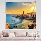 PHAYAH Tapiz para colgar en la pared con puesta de sol en Barcelona, se aplica a la decoración del hogar, sala de estar, dormitorio, cortina de 60 x 51 pulgadas