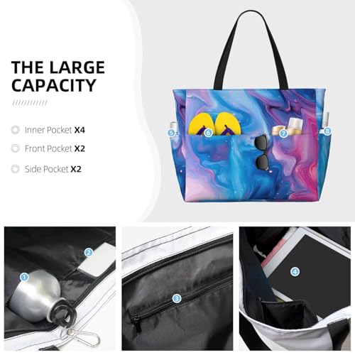 Large Beach Bags for Women Sandproof - Abstract Blue Pink Ocean Print Summer Travel Work Tote Bags with Zipper3