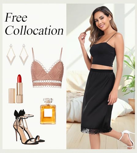 Image of Lovasy Women Satin Half Slips Lace Long Underskirt Anti Static Under Skirt Soft Slip Dress for Skirts Dresses S-3XL
