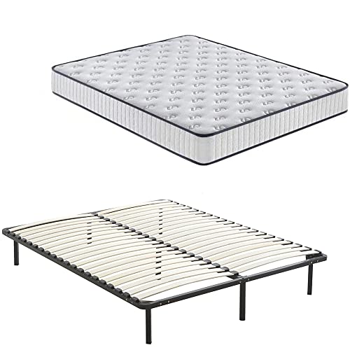 DEWINNER Ensemble Composè:Matelas en Mousse 22 cm et Mousse A Mémoire Matelas +Sommier à Lattes sur Pieds-4 Pieds Inclus(140 x 190 cm)