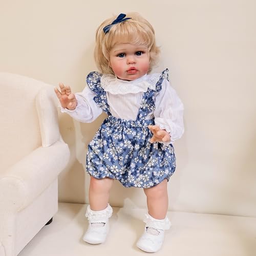 RXDOLL Realistische Reborn Kleinkind-Mädchen-Tuch-Körper-Babypuppen, 61 cm, lebensechte Babypuppen, die aus echtem weichem Silikon, Reborn-Kleinkind-Puppe mit blondem Haar für Kinder ab 3 Jahren – Bild 6