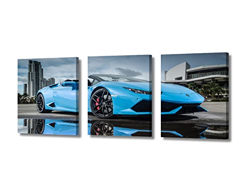 TUMOVO Blue Sports Car Wall Art for Bedroom Speed Super Car Canvas Painting Clouds Sky Large Wall Art for Living Room Open Car Contemporary Home Decor 3 Panels Stretched on Wooden Frame, 36" Wx16 H