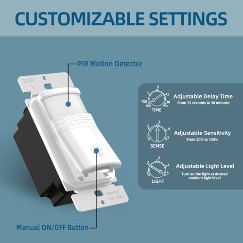 ECOELER Motion Sensor Light Switch, No Neutral Wire, PIR Infrared Motion Activated Wall Switch with Sensitivity Adjustable, OCC & VAC Selectable, Single Pole, UL Listed & FCC Listed, White by ECOELER - Image 3