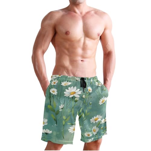 Men’s Swim Trunks Green Leaves White Flowers Beach Board Shorts Swimming Short Pants Running Sports Surffing Shorts4