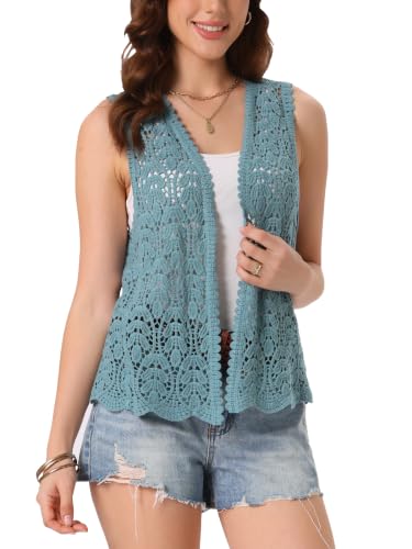 Image of Allegra K Women's Floral Crochet Hollow Out Sleeveless Open Front Boho Vest Cardigan