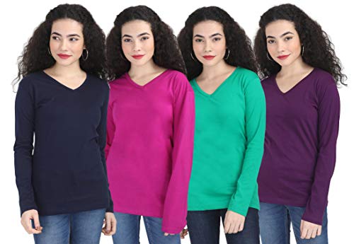 Image of FLEXIMAA Women's Cotton Plain V Neck Full Sleeve T-Shirt