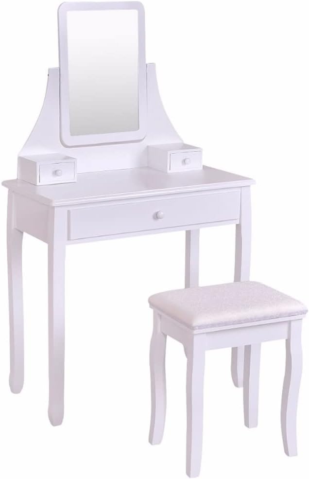 White Makeup Dresser Dresser Desk Chair Set with Square Mirror and 3 Drawer Dresser Dresser