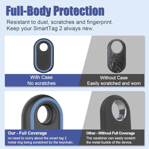 2 Pack Compatible for Samsung Galaxy SmartTag2 Case, Rugged Full Protective Anti-Slip Soft Silicone Case for Galaxy Smart Tag 2 with Key Ring, for Keys, Wallet, Luggage, Pets (Black & Blue) by Generic - Used condition - Image 7