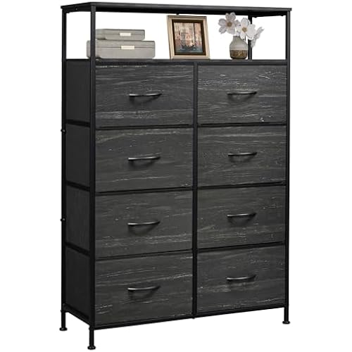 WLIVE 8 Drawer Fabric Dresser Open Shelves, Tall Bedroom Chest, Charcoal