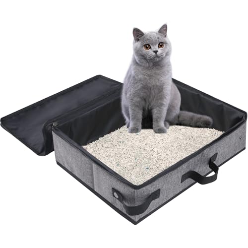 Foldable Travel Litter Box for Cats with Zipped Lid, Portable Cat Litter Box,...