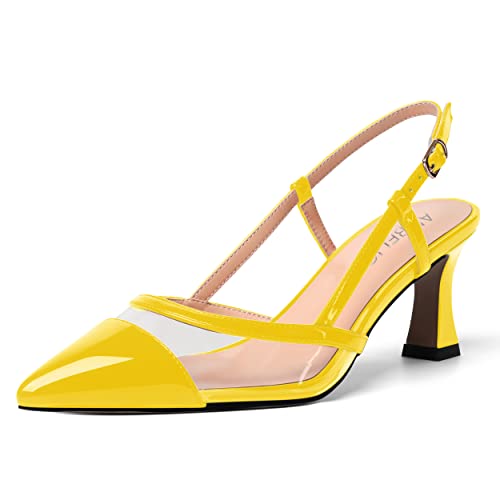 AMBELIGHT Womens Patent Pointed Toe Cute Dating Slingback Clear Buckle Kitten Mid Heel Pumps Shoes 2.5 Inch