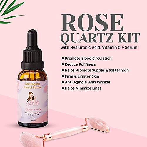 Treats for the face Rose Quartz Roller Gift Set with Hyaluronic Vitamin C & E Serum 100% Rose Quartz Anti Aging Facial Roller For Face Massage,Lymphatic, Eye, Neck, Removes Wrinkles.
